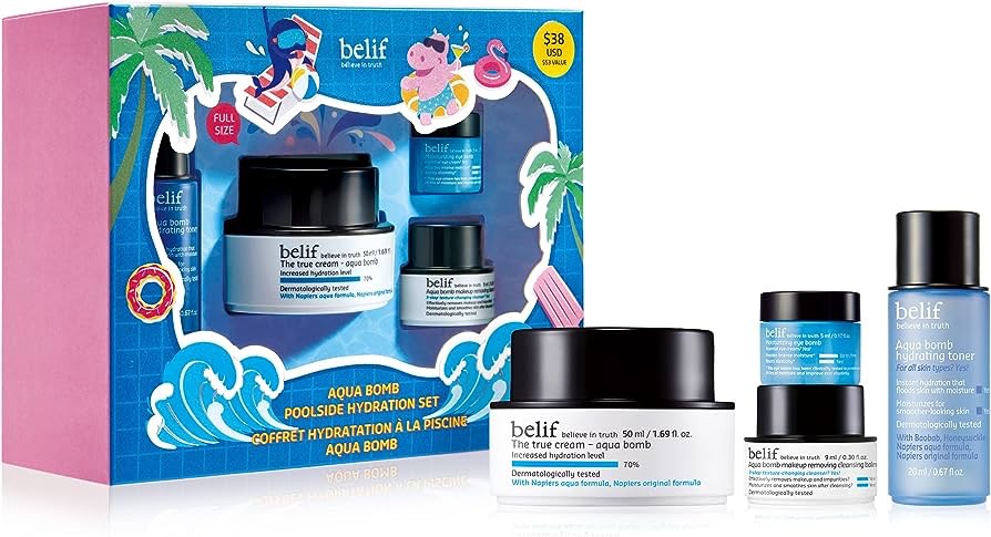 Amazon.com: belif Aqua Bomb Poolside Hydration Set | 26 Hours of Hydrating Antioxidant Skincare | Soothing & Hydrating Herbs, Antioxidant | Includes Aqua Bomb, Cleansing Balm, Toner & Eye Bomb : Beaut
