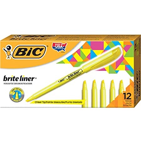 Amazon.com : BIC Brite Liner Grip Highlighter, Tank, Chisel Tip, Yellow, 12-Count : Office Products 荧光笔