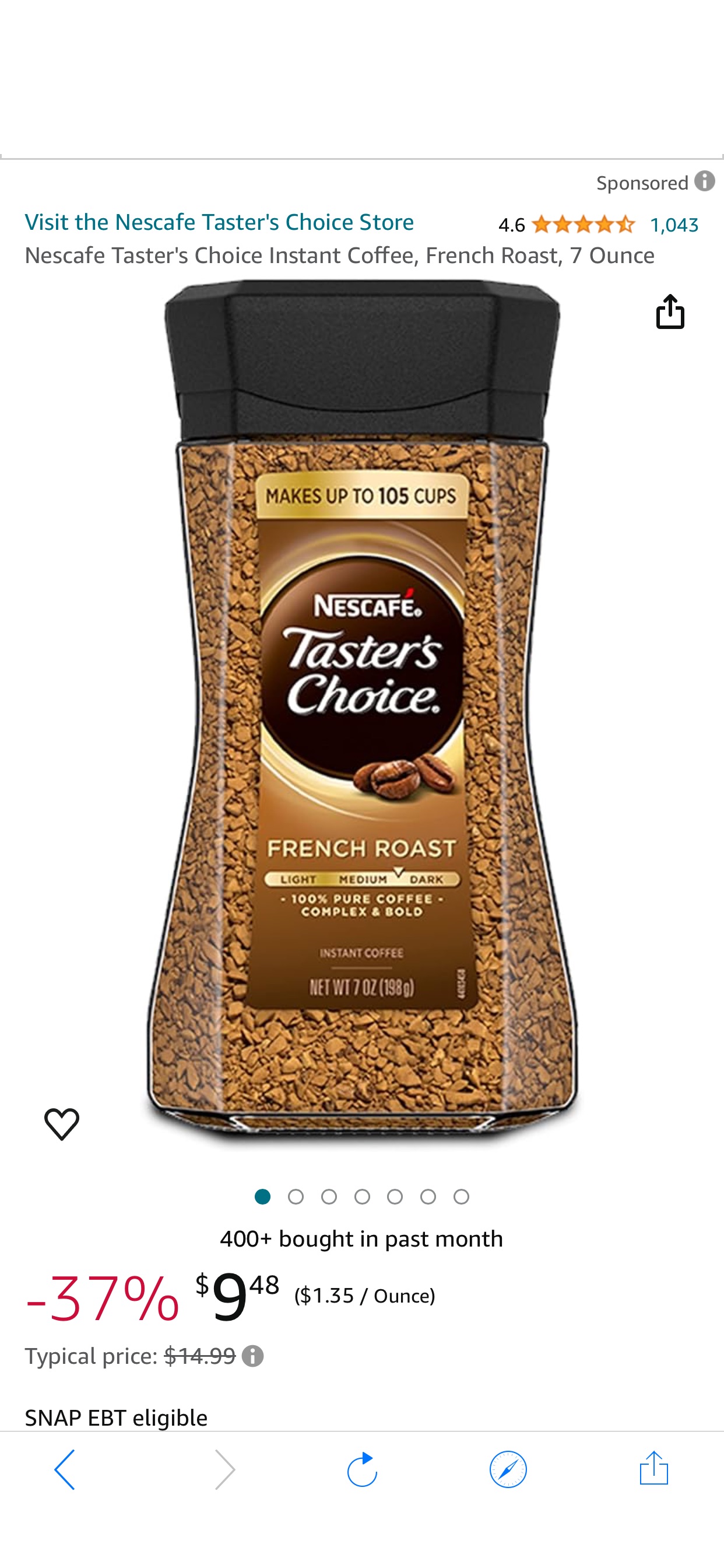 Amazon.com : Nescafe Taster's Choice Instant Coffee, French Roast, 7 Ounce : Grocery & Gourmet Food 雀巢咖啡