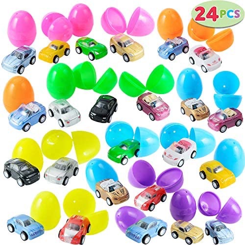 复活节小赛车玩具蛋24个套装限时促销Premium 24 Pcs Filled Easter Eggs with Toy Cars, 2.25” Bright Colorful Easter Eggs Prefilled with Pull Back Vehicles