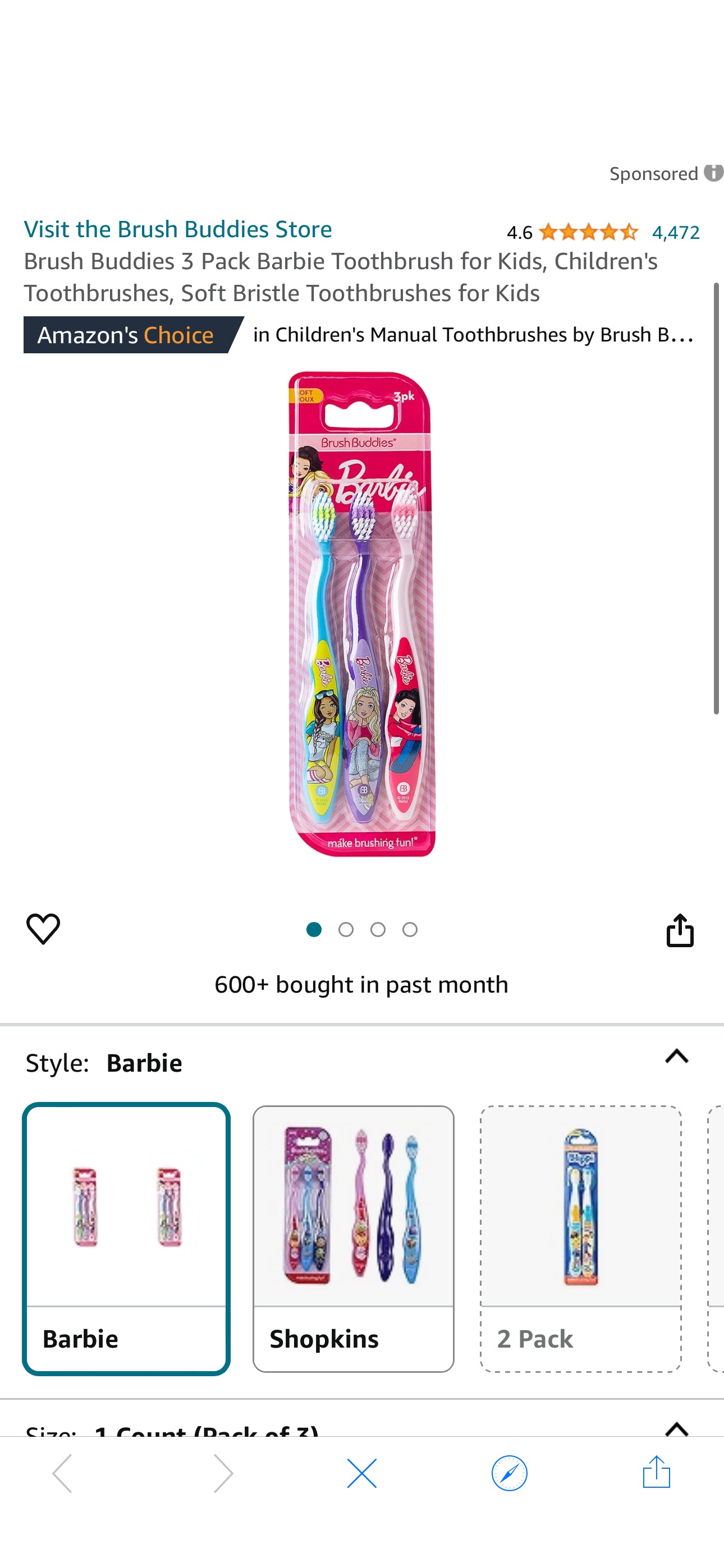 Amazon.com: Brush Buddies 3 Pack Barbie Toothbrush for Kids, Children's Toothbrushes, Soft Bristle Toothbrushes for Kids : Health & Household