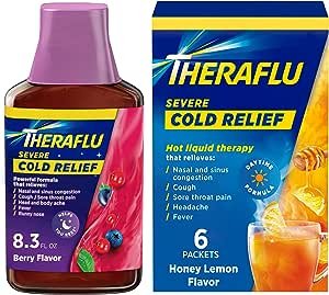 Theraflu Combo Nighttime Severe Cold Relief Syrup, Berry Flavor, 8.3 fl oz and Theraflu Daytime Severe Cold Relief Powder, Honey Lemon Flavor, 6 Ct