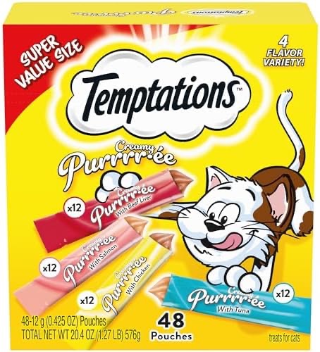 Amazon.com: Temptations Creamy Puree with Chicken Lickable, Squeezable Cat Treats, 0.42 Oz Pouches, 16 Count : Home & Kitchen猫条