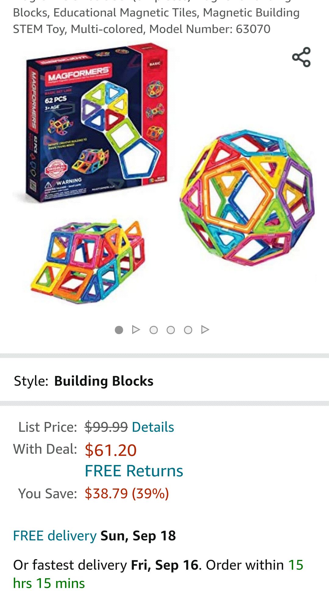 Magformers磁力片经典款 Basic Set (62-pieces) Magnetic Building Blocks, Educational Magnetic Tiles, Magnetic Building STEM Toy, Multi-colored, Model Number: 63070 : Everything Else
