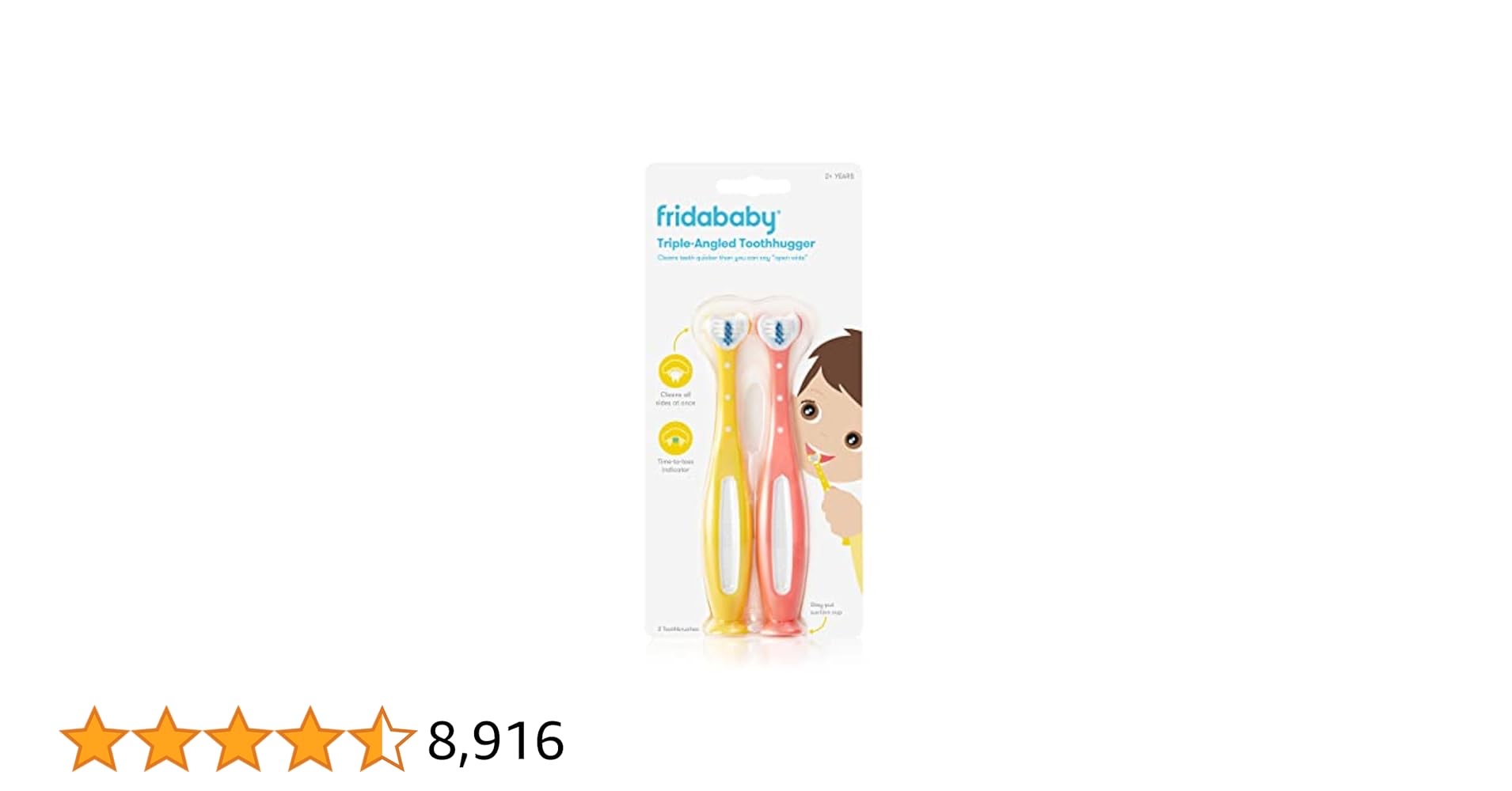 Frida Baby Triple-Angle Toothhugger Training Toddler Toothbrush | Toddler Toothbrush 2 Years and Up, Cleans All Sides at Once | 2 Pack (Yellow + Pink)