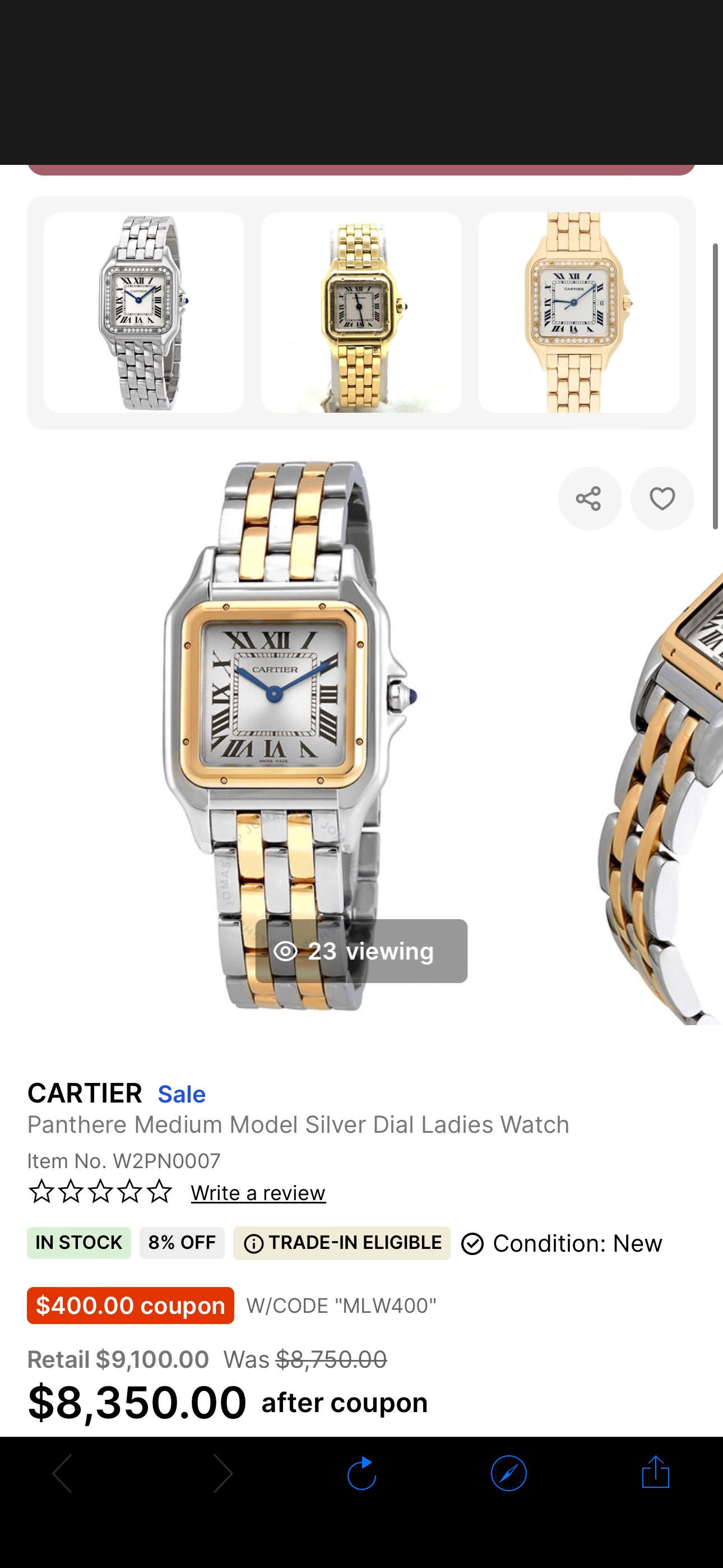Cartier Panthere Medium Model Silver Dial Ladies Watch W2PN0007 7613268812662 - Watches, Panthere - Jomashop