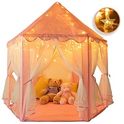 Rettebovon Princess Castle Tents Kids' Fairy Play Tents Girls Toys Hexagon Playhouse with Star Lights Toys for Children Indoor or Outdoor Game Girls Gift