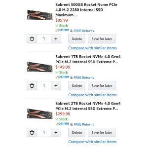 $149.99 Sabrent 1TB Rocket NVMe 4.0 Gen4 PCIe M.2 SSD 固态硬盘