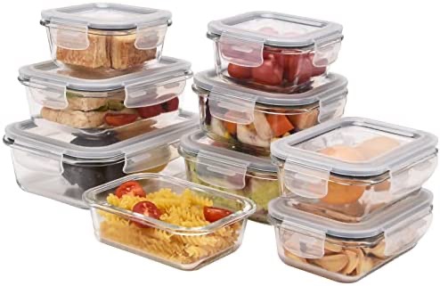 带盖玻璃储存容器，可安全用于冰箱至烤箱 9 套，耐用玻璃食品储存容器带盖密封，不含 BPA 灰色