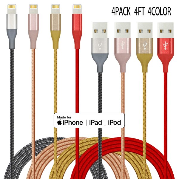 4Pack 4Color 4ft MFi Certified iPhone Lightning Cable