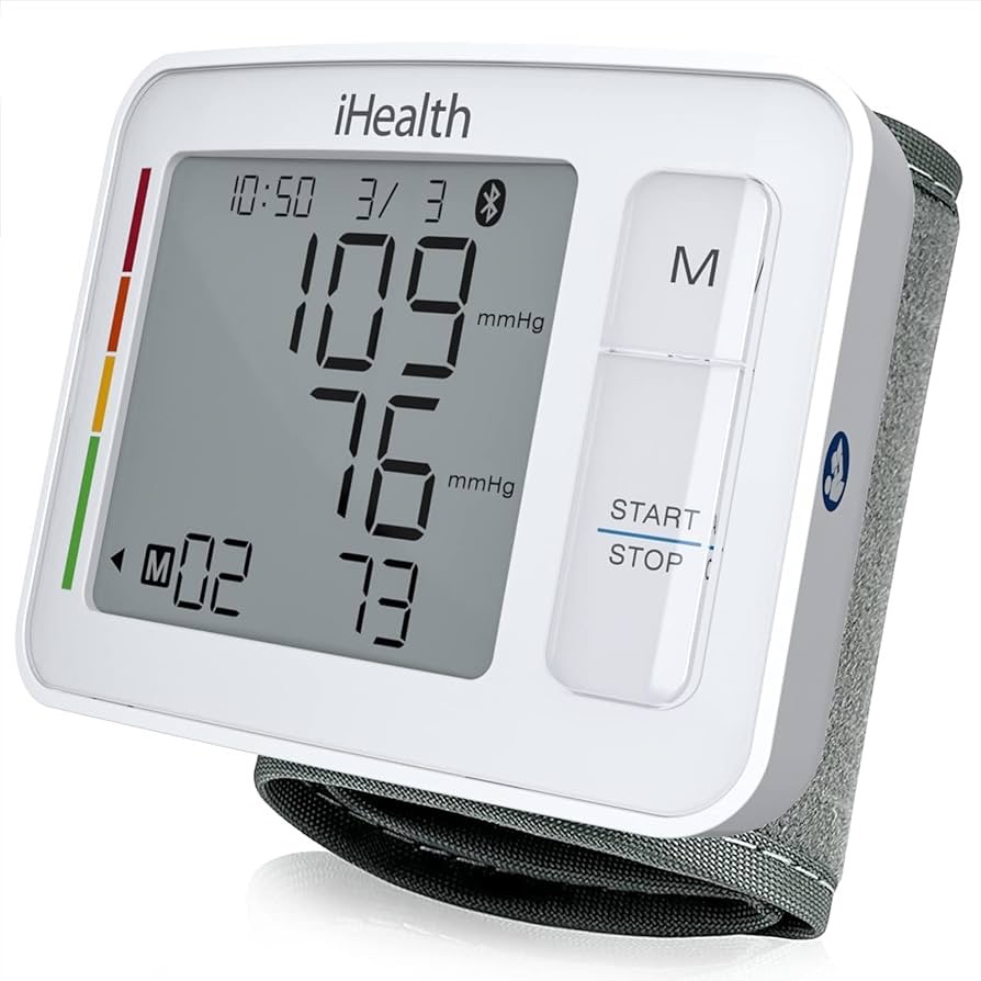 iHealth 推式腕式血压计、数字蓝牙血压机，带大显示屏和便携式便携包，适合家庭和旅行使用