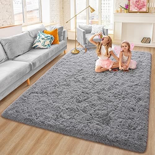 Rostyle Super Soft Fluffy Area Rugs for Bedroom Living Room, 4 ft x 6 ft Shaggy Shag Furry Home Decorative Christmas Floor Carpets for Girls Boys, Grey