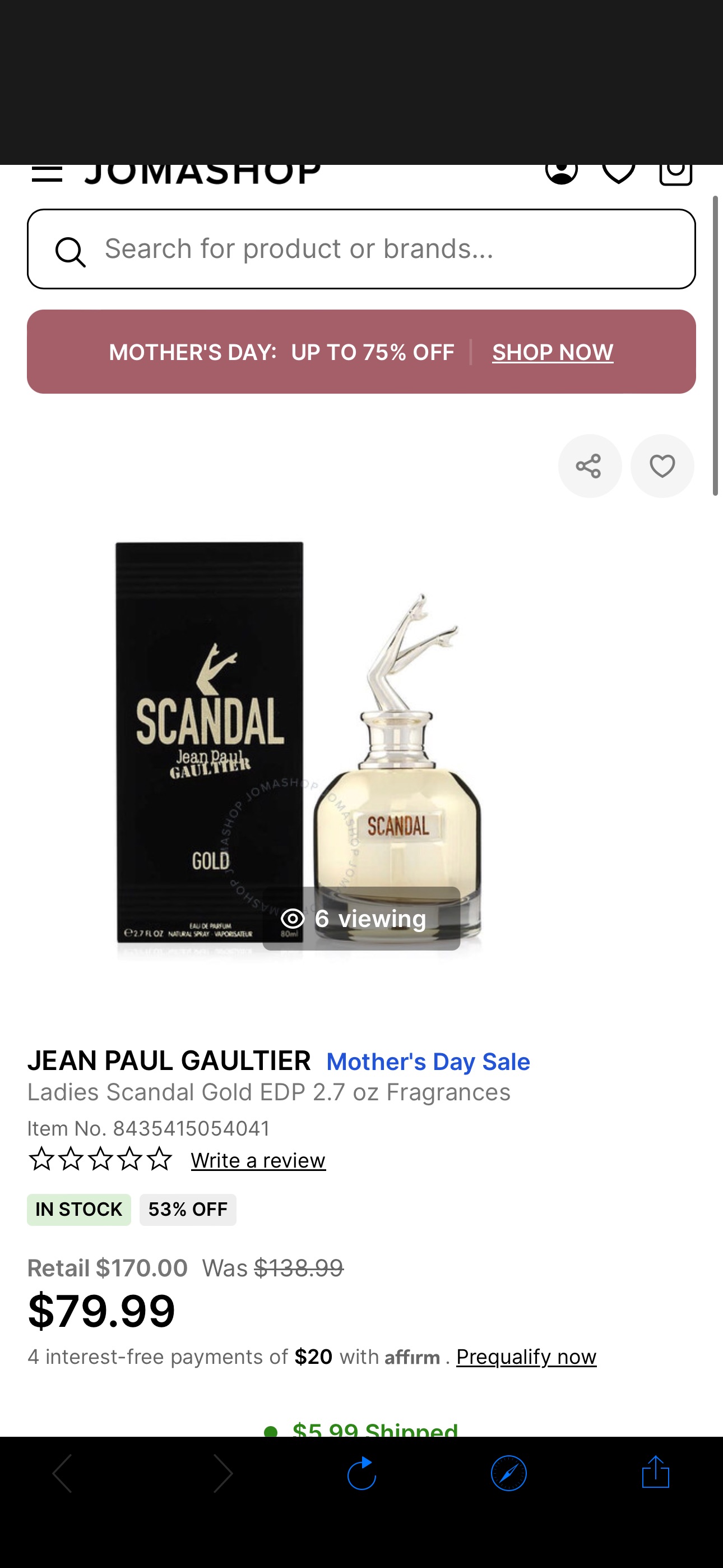 Jean Paul Gaultier Ladies Scandal Gold EDP 2.7 oz Fragrances 8435415054041 - Fragrances & Beauty, Scandal Gold - Jomashop