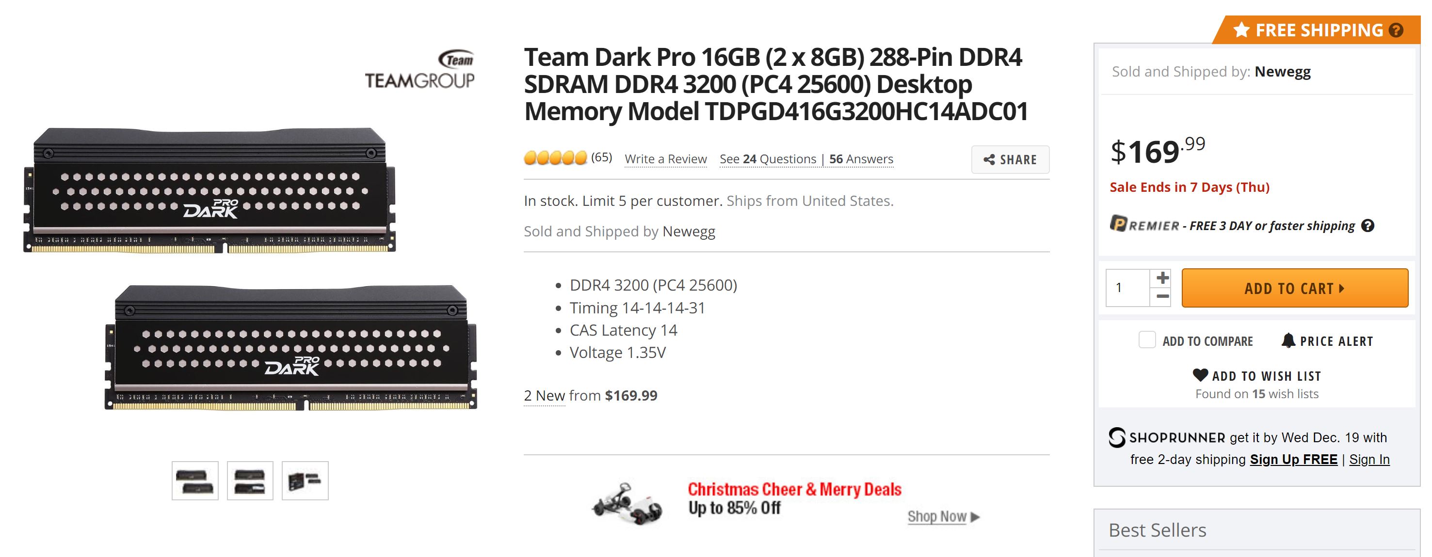 Team Dark Pro 16GB (2 x 8GB)  3200C14 内存