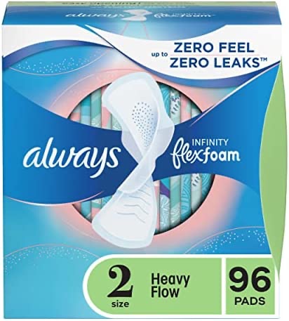 Always Infinity Feminine Pads For Women, Size 2 Heavy Flow Absorbency, Multipack, With Flexfoam, With Wings, Unscented, 32 Count X 3 Packs (96 Count Total) 卫生巾