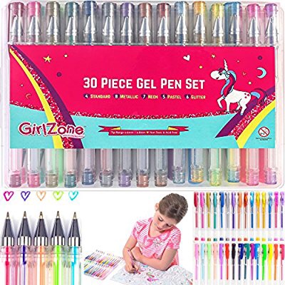 彩色笔GirlZone: 30 Piece Gel Pens Set, Ideal Arts & Crafts Gift, Coloring Pens, Great Christmas, Birthday Gifts Presents for Girls Age 3 4 5 6 7 8 9 10 Years Old