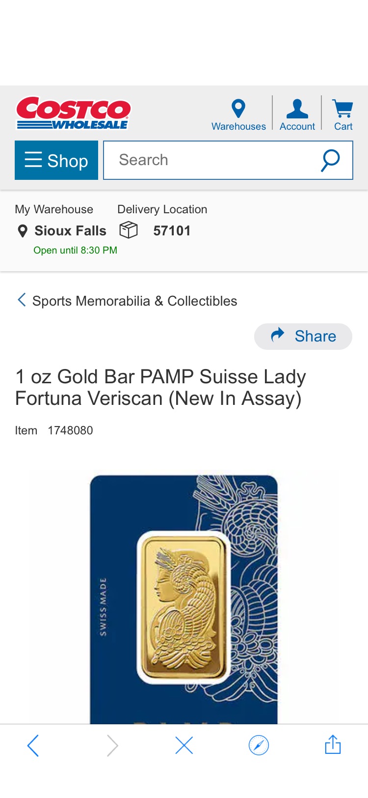 1 oz Gold Bar PAMP Suisse Lady Fortuna Veriscan (New In Assay) | Costco