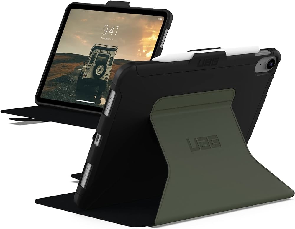 Amazon.com：UAG专为iPad 10.9英寸第10代2022年保护壳Scout Folio黑色/橄榄色，带铅笔架，坚固轻质超薄防冲击保护双面夹，