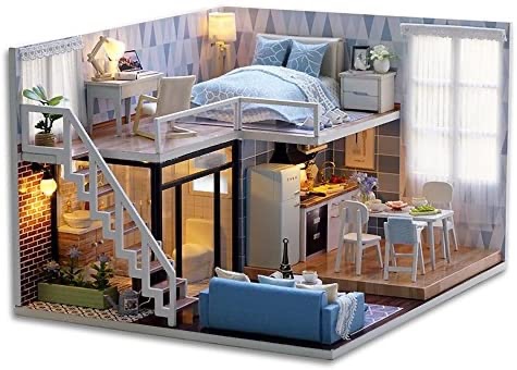 Amazon.com: Flever Dollhouse Miniature DIY House Kit Creative Room with Furniture for Romantic Valentine's Gift(Blue Times) 公寓Loft