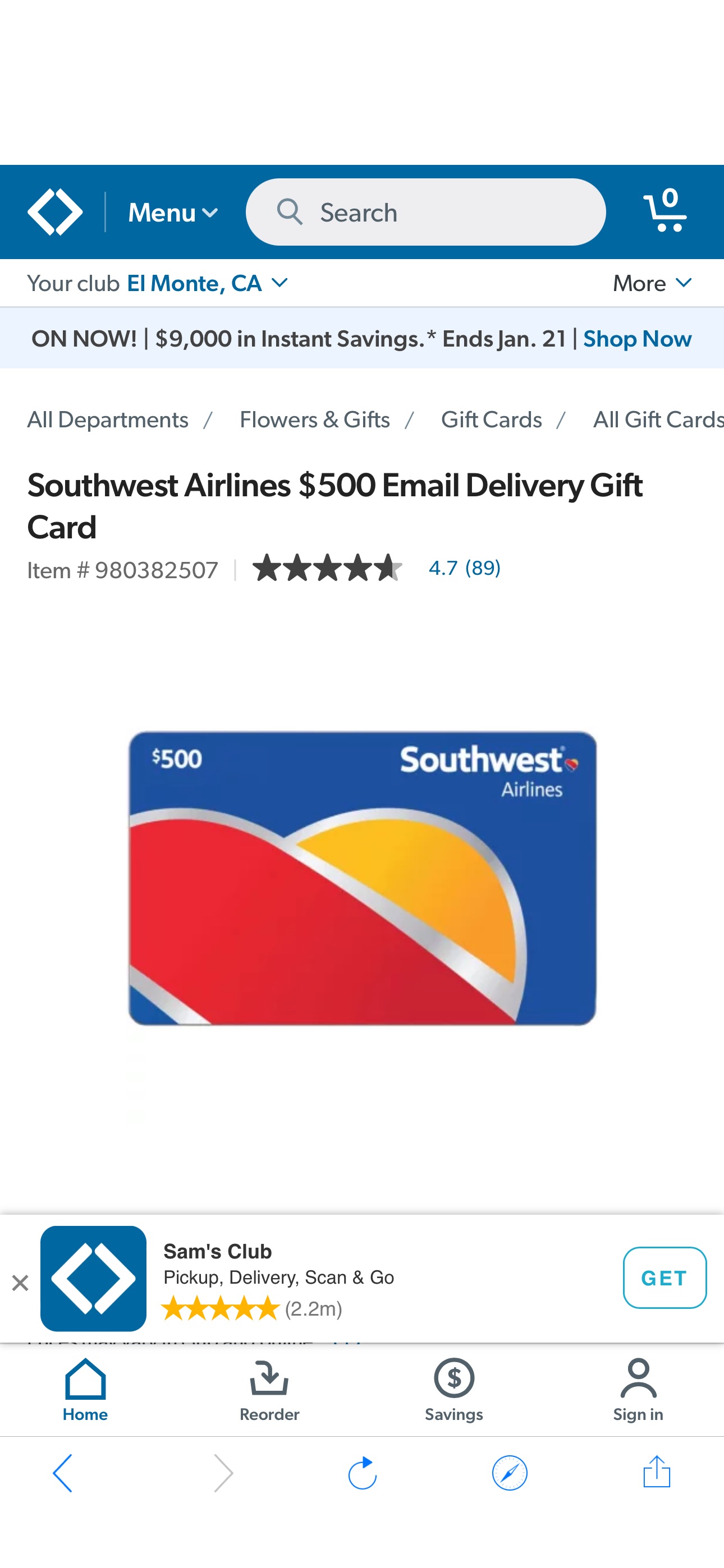 Southwest Airlines $500 Email Delivery Gift Card - Sam's Club