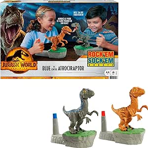 Amazon.com: Mattel Games Rock &#39;Em Sock &#39;Em Raptors Jurassic World Domination Kids Game Fighting Raptors with Blue vs Atrociraptor : Toys &amp; Games