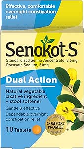 Amazon.com: Senokot-S Dual Action Natural Vegetable Laxative Ingredient Plus Stool Softener Tablets, Docusate Sodium, Senna Concentrate, 10 ct