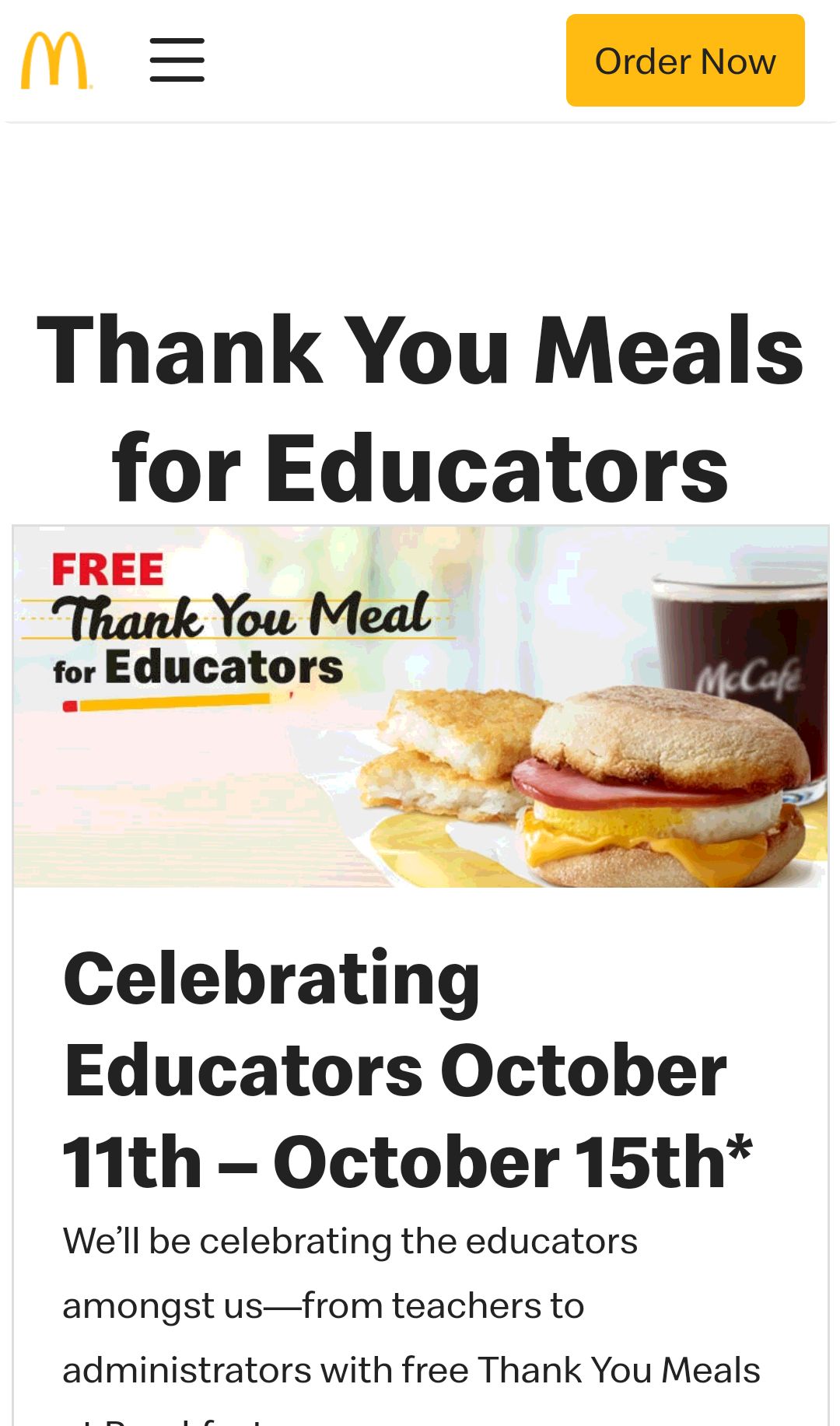 麥當勞提供免費套餐給教育工作者Free Thank You Meal for Educators
