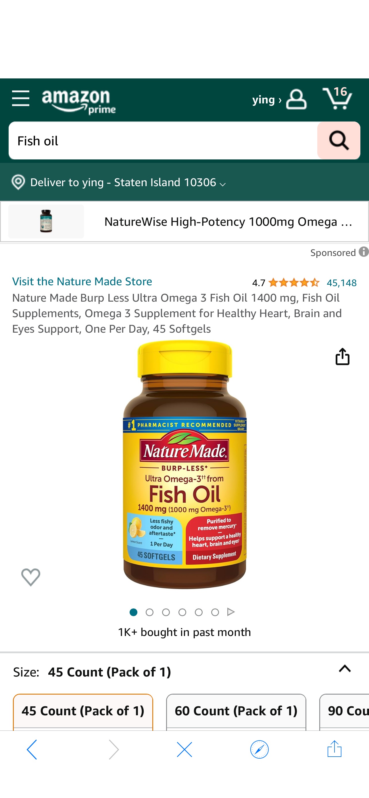 Amazon.com: Nature Made Burp Less Ultra Omega 3 Fish Oil 1400 mg, Fish Oil Supplements, Omega 3 Supplement for Healthy Heart, Brain and Eyes Support, One Per Day, 45 Softgels : Health & Household