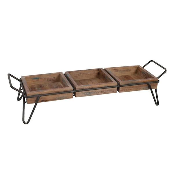 THE URBAN PORT 21.87 in. x 5.12 in. x 6.7 in. Rectangle Brown Decorative Serving Tray with 3-Segregated Cubbies and Metal Base