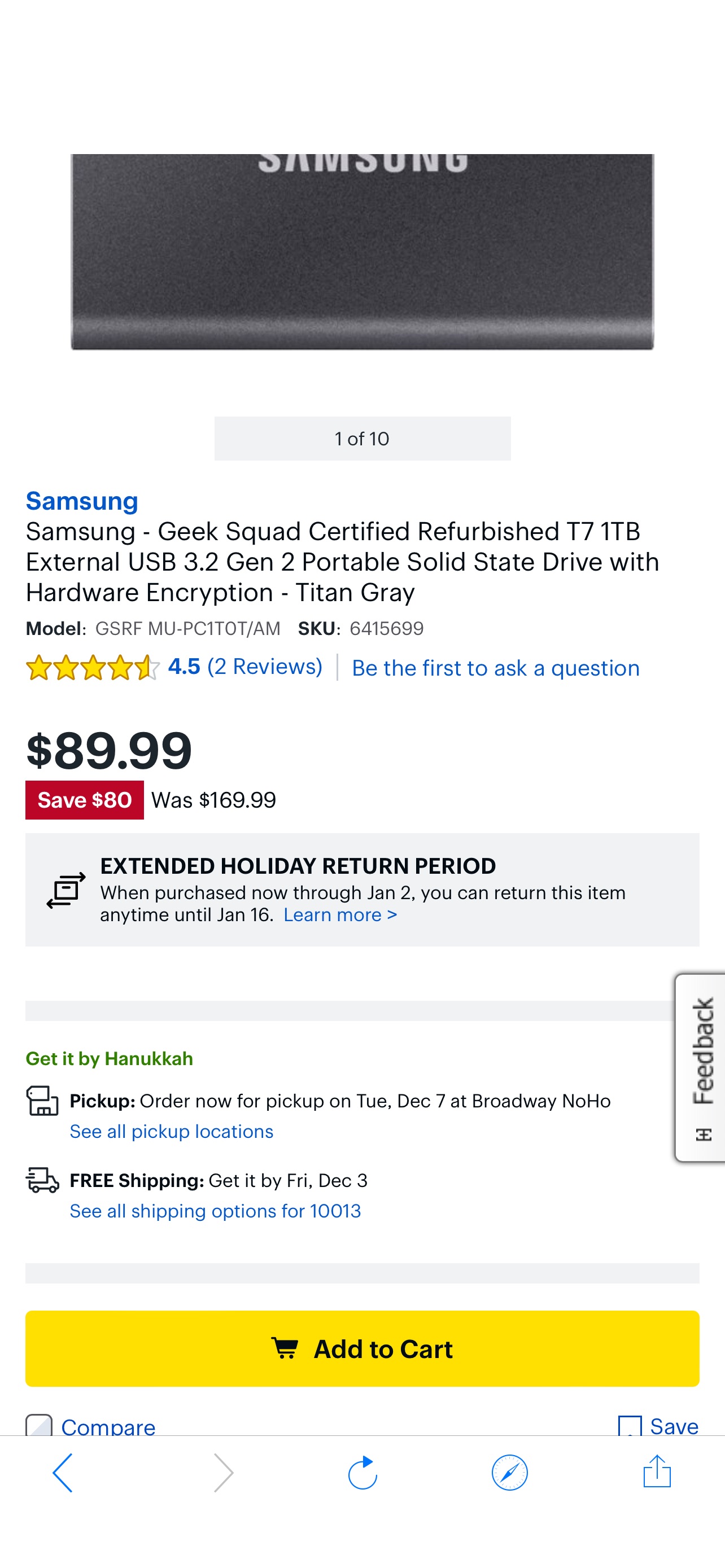 史低价Samsung Geek Squad Certified Refurbished T7 1TB External USB 3.2 Gen 2 Portable Solid State Drive with Hardware Encryption