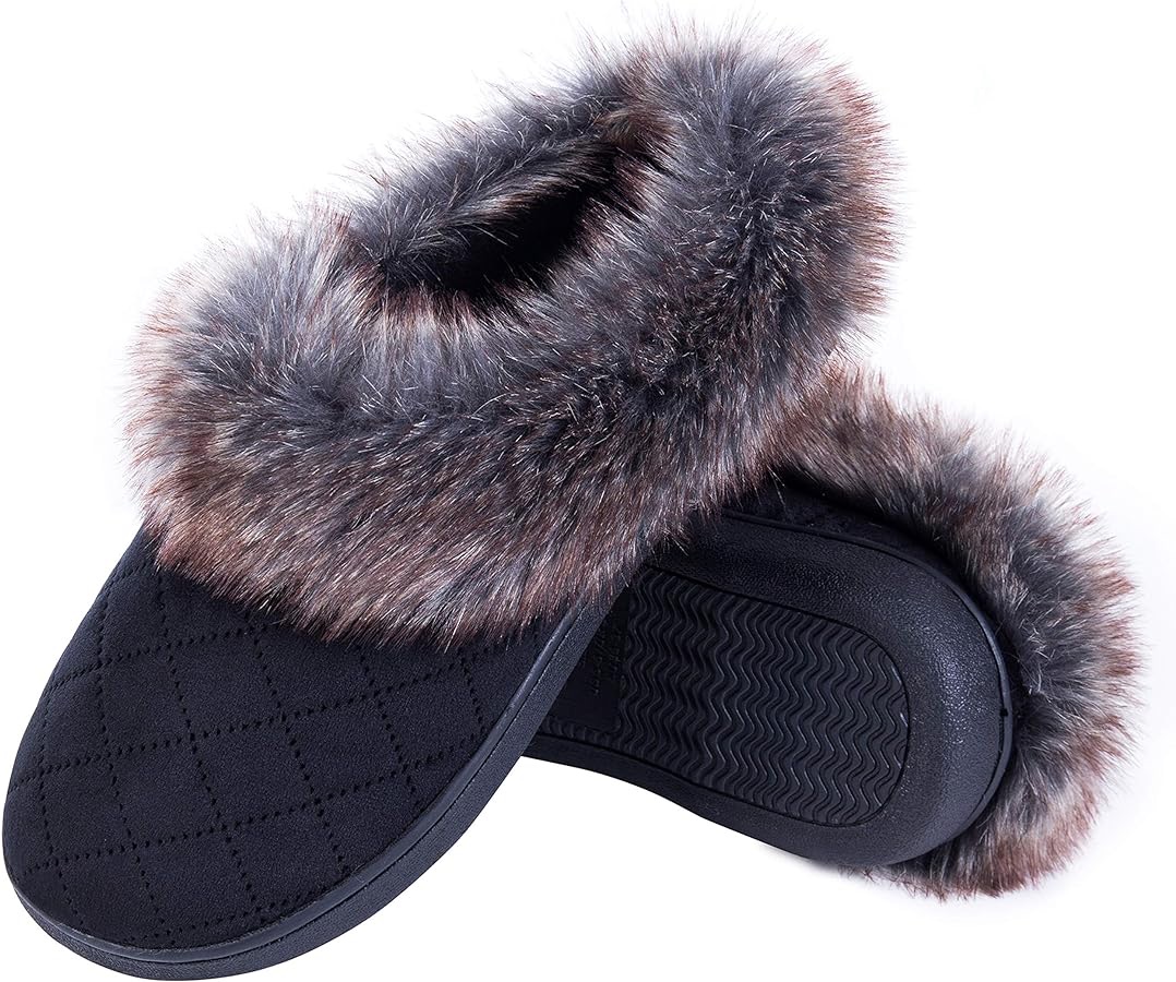 Amazon.com | DL Memory Foam Winter House Slippers for Women With Fur Collar, Cozy Womens Soft Warm Closed Indoor Slippers Non-Slip, Comfy Woman Houseshoes Home Slipper Black Size 5-6 | Shoes