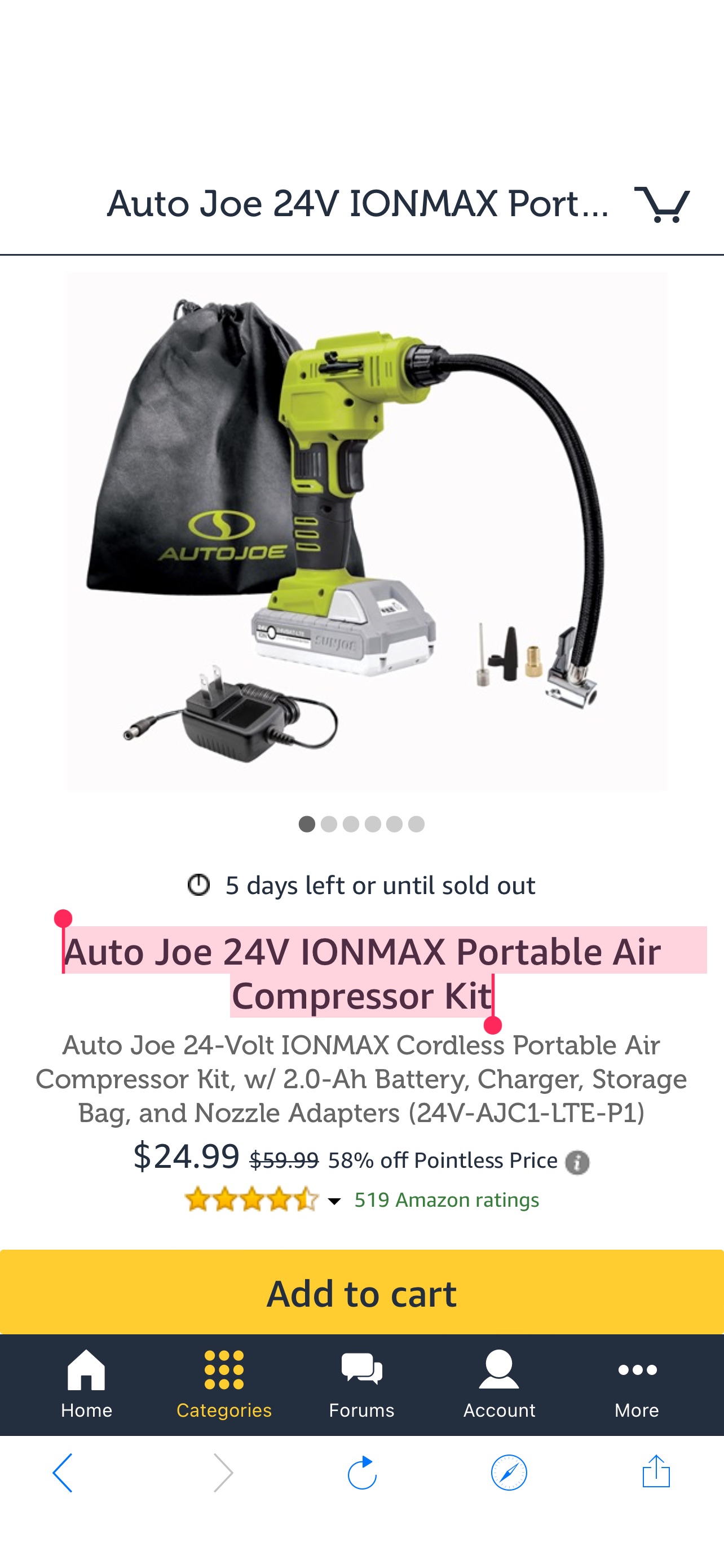 便携式空气压缩机套件 Auto Joe 24V IONMAX Portable Air Compressor Kit