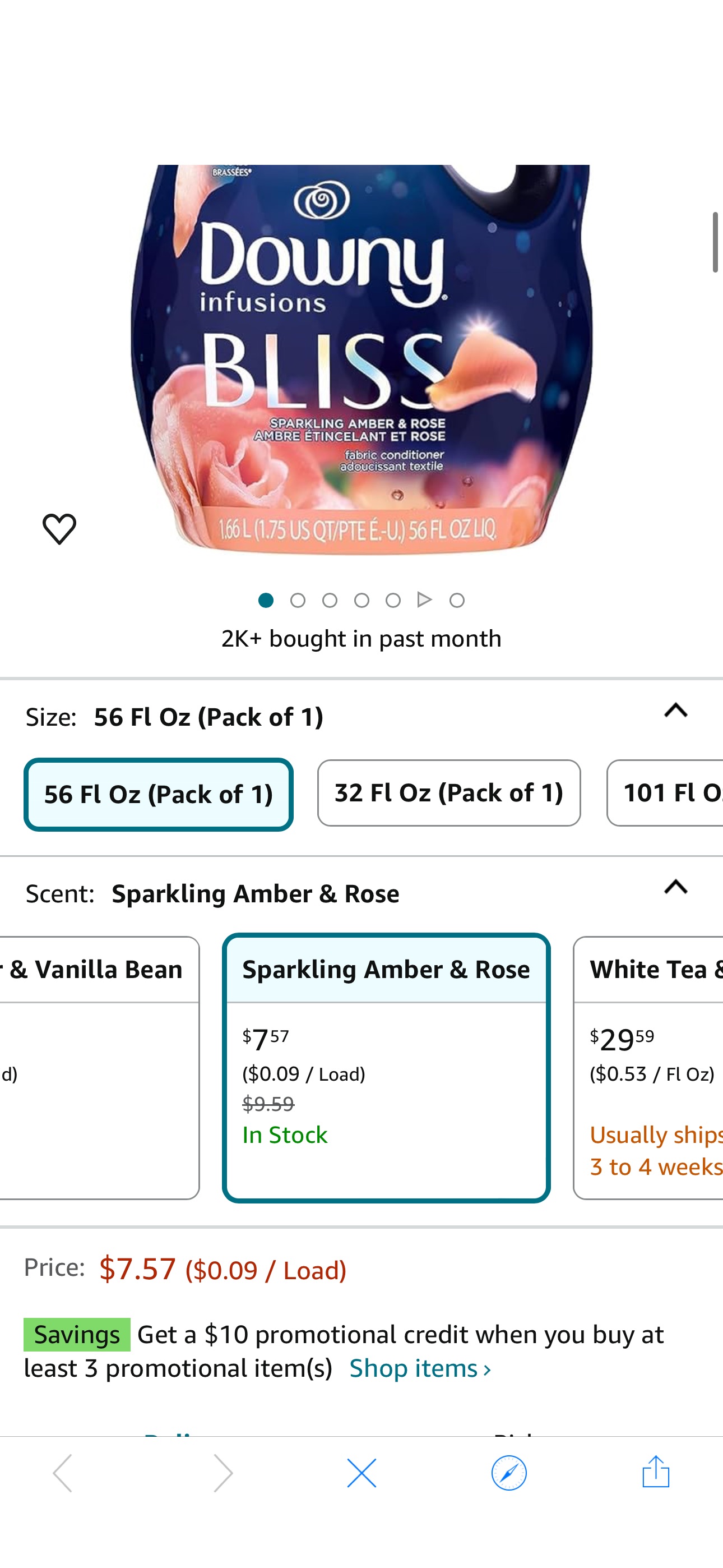Amazon.com: Downy Infusions Laundry Fabric Softener Liquid, Bliss, Sparkling Amber & Rose, 56 Fl Oz : Health & Household买省$10