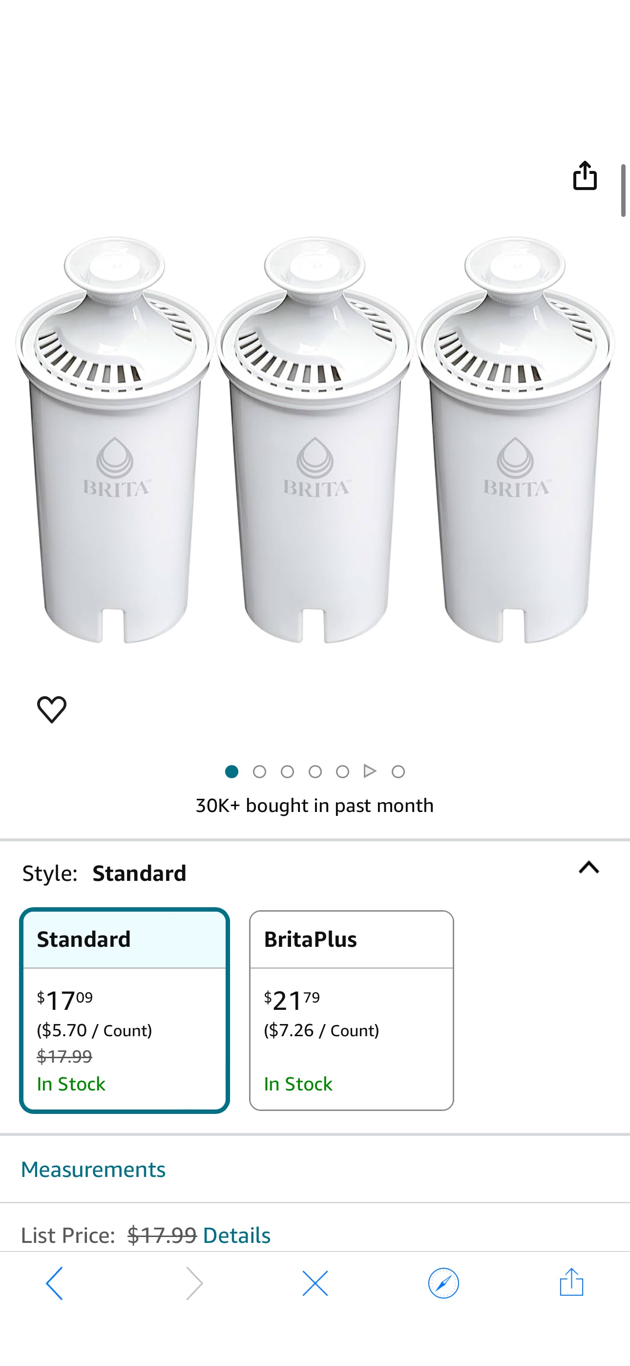 Amazon.com: Brita Standard Water Filter, BPA-Free, Replaces 1,800 Plastic Water Bottles a Year, Lasts Two Months or 40 Gallons, Includes 3 Filters, Kitchen Essential, White省$4