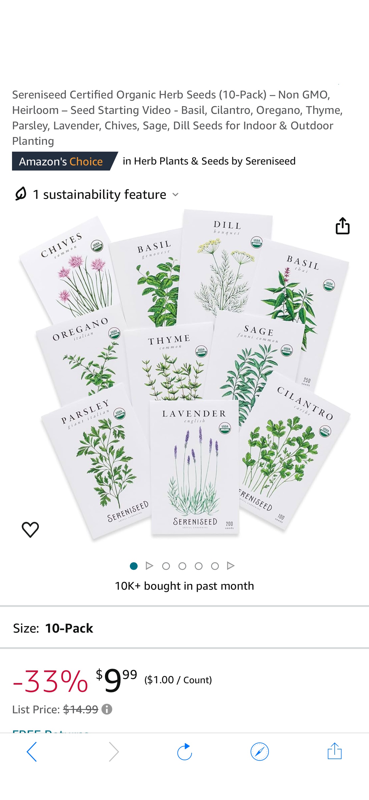 Amazon.com : Sereniseed Certified Organic Herb Seeds (10-Pack) – Non GMO, Heirloom – Seed Starting Video - Basil, Cilantro, Oregano, Thyme, Parsley, Lavender, Chives, Sage, Dill Seeds for Indoor & Out
