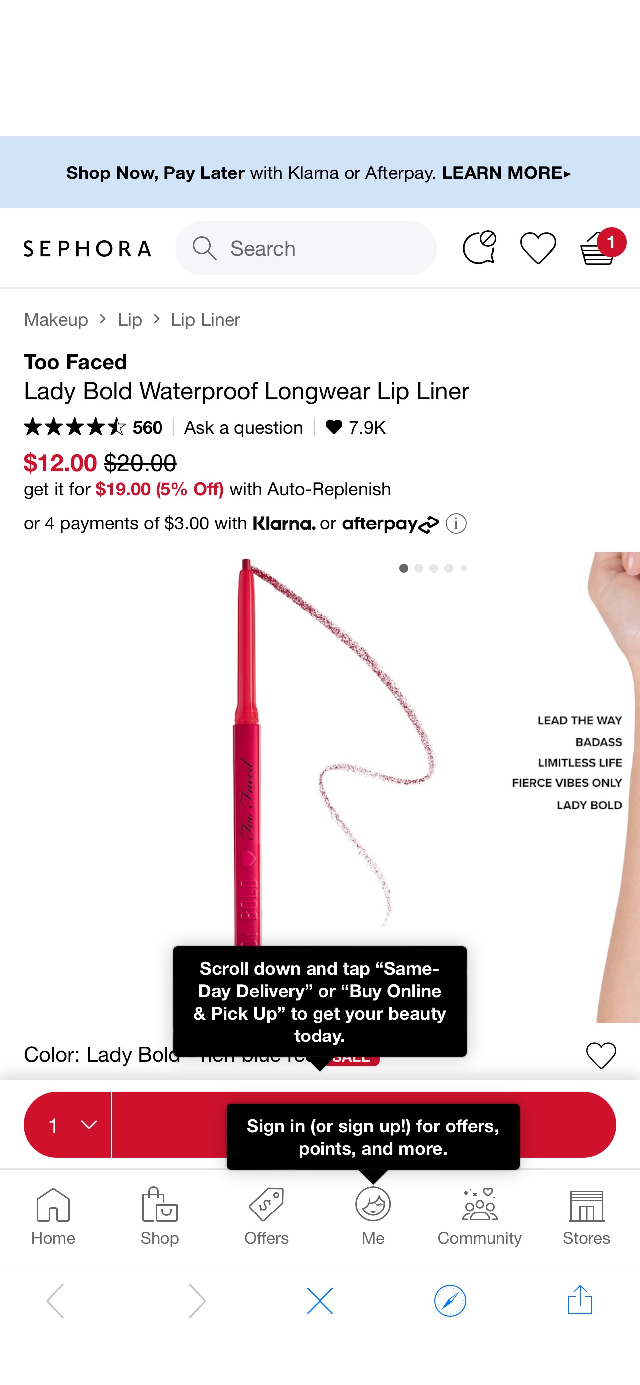 Lady Bold 防水唇线笔Too Faced | Sephora