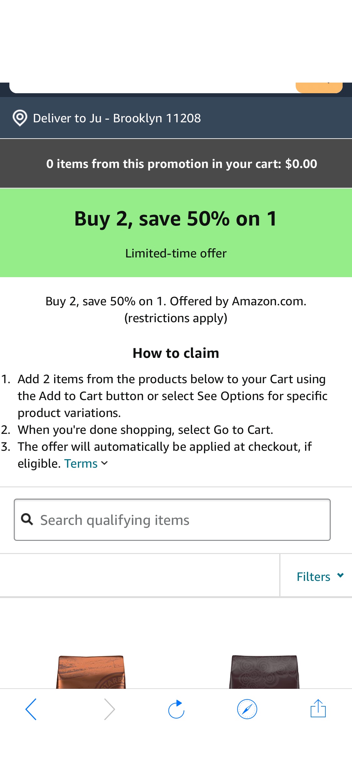 Amazon.com Buy 2, save 50% on 1 promotion 咖啡减价