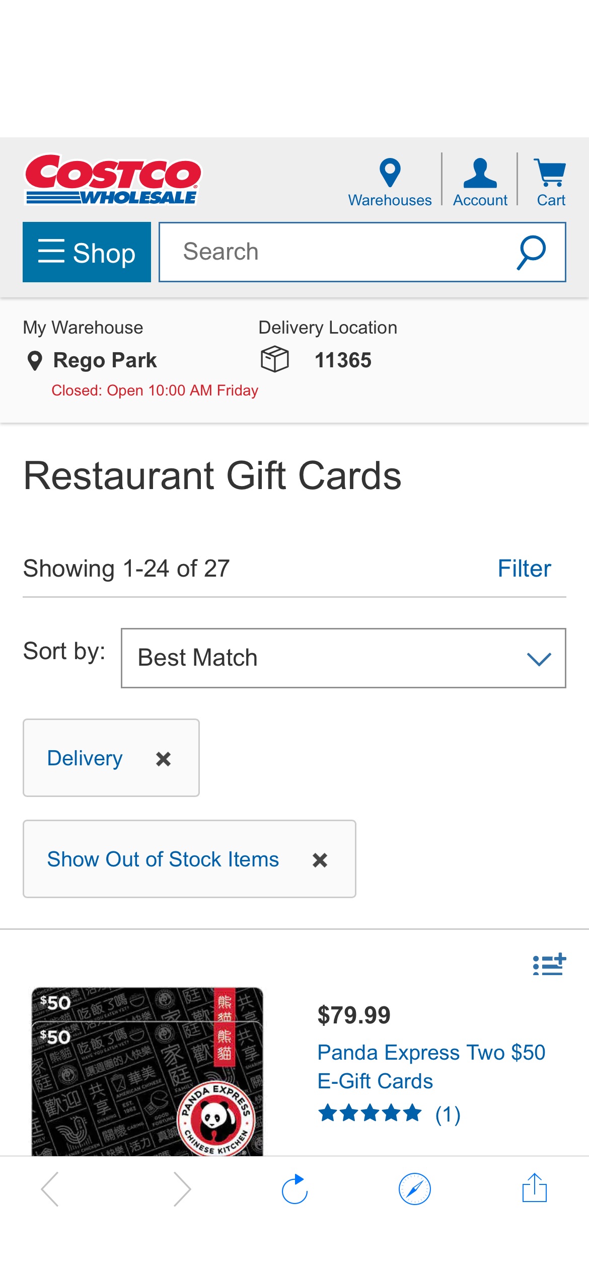Costco Restaurant Gift Cards  餐馆礼物卡特价 打8折