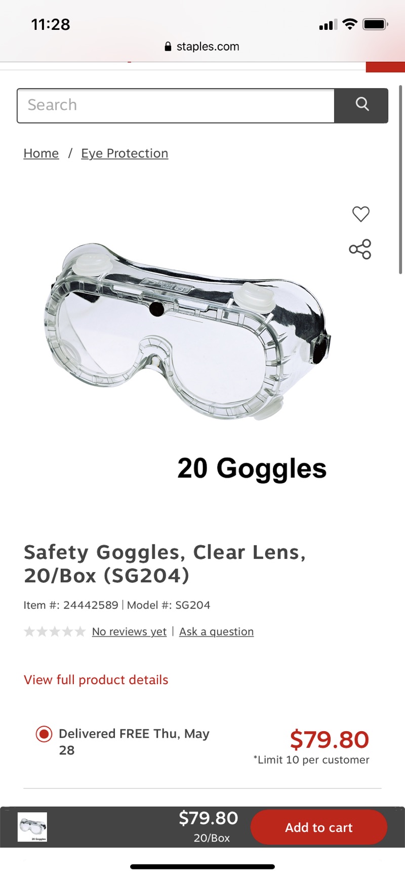 Shop Staples for Safety Goggles, Clear Lens, 20/Box (SG204)防护眼镜