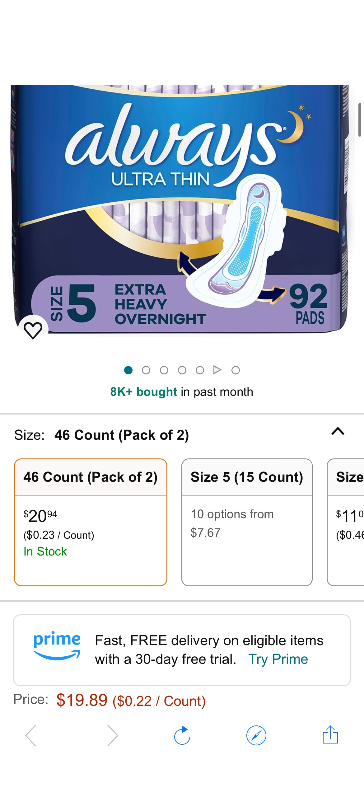 Amazon.com: Always 超薄卫生巾, Size 5，92个