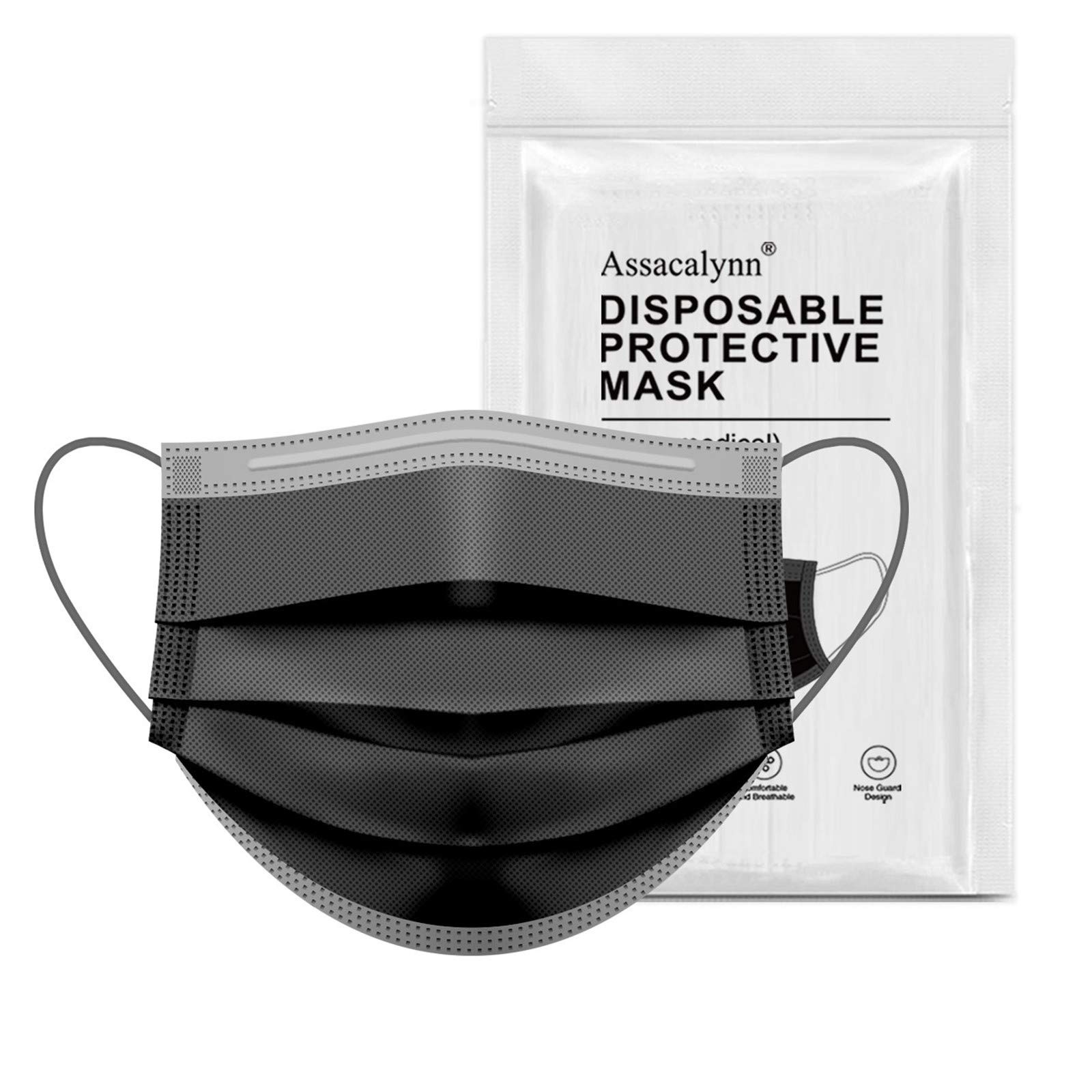 Assacalynn 50pcs Disposable Face Mask with Wider Elastic Ear Loops, 3-Layer Safety Mask for Dust, Droplets Suitable for Adults, Teenagers, Men, Women, Indoor, Outdoor - Black - - Amazon.com 防护口罩