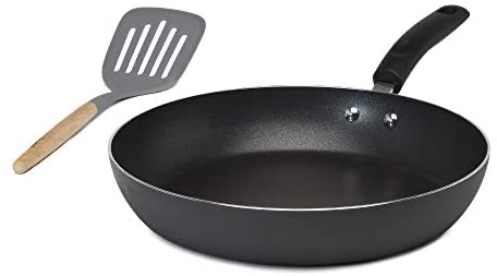 Goodful Aluminum Non-Stick Frying Pan, Dishwasher Safe Cookware Sauté Made Without PFOA, with Nylon Slotted Turner, 12.5-Inch, Charcoal Gray: Kitchen & Dining 不粘锅铲两件套