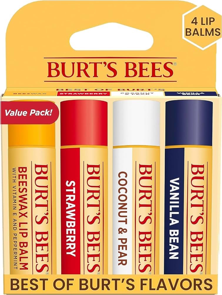 Amazon.com: Burt's Bees Beeswax, Strawberry, Coconut and Pear, and Vanilla Bean Lip Balm Pack, With Responsibly Sourced Beeswax, Tint-Free, Natural Lip Treatment, 4 Tubes, 0.15 oz. : Baby
