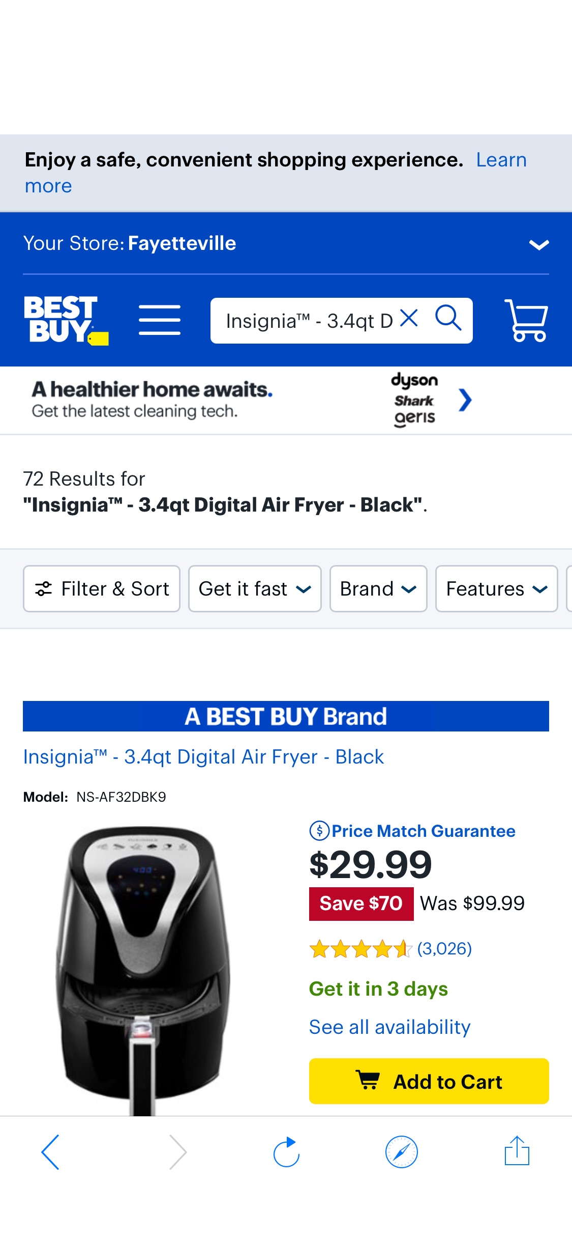 Insignia™ - 3.4qt Digital Air Fryer - Black - Best Buy空气炸锅
