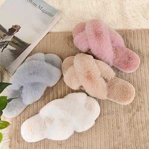 Amazon.com | Women's Cross Band Slippers Soft Plush Furry Cozy Open Toe House Shoes Indoor Outdoor Faux Rabbit Fur Warm Comfy Slip On Breathable Cream 7-8 | Slippers