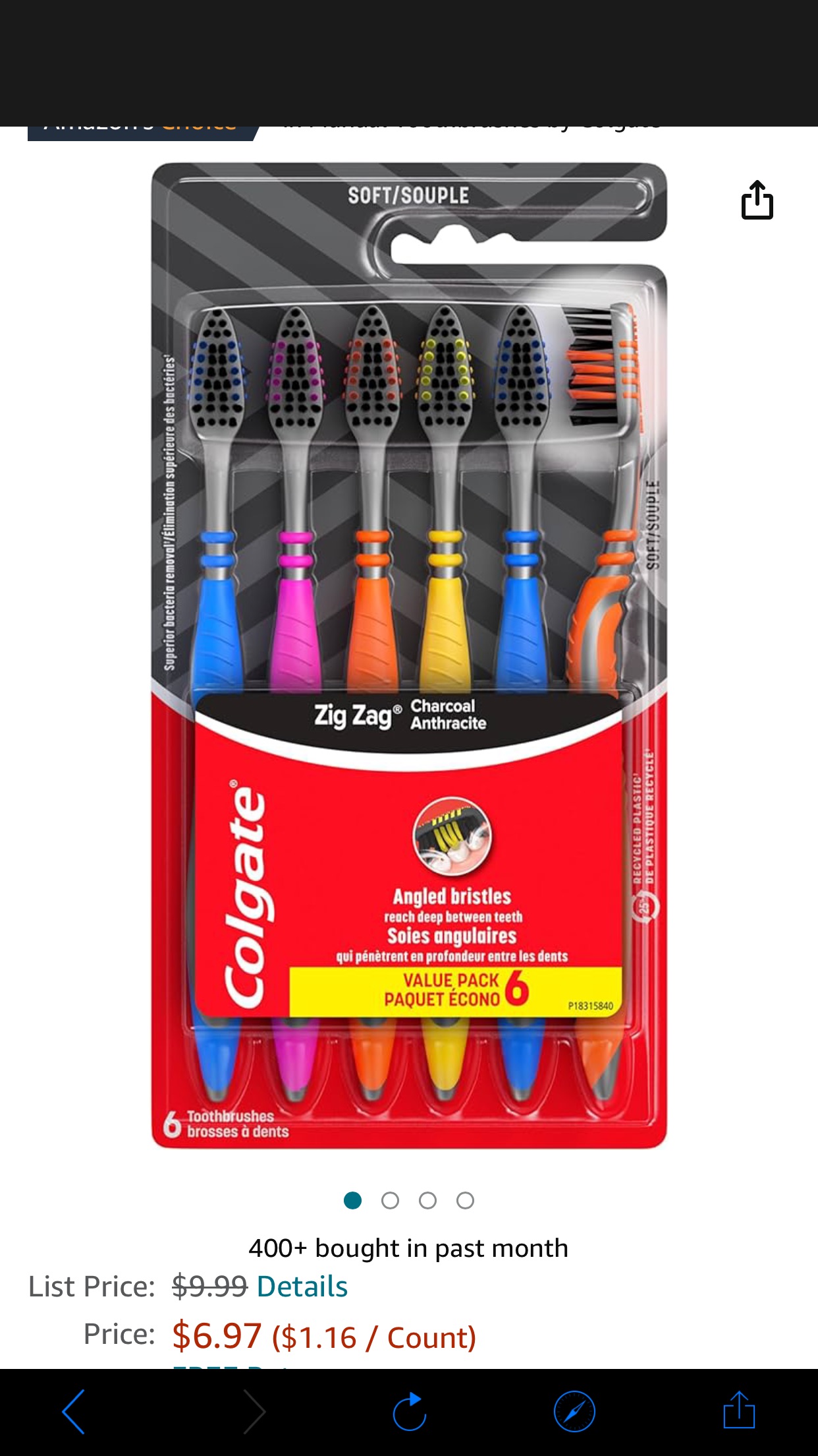 Amazon.com : Colgate Zig Zag Charcoal Toothbrush, Adult Soft Toothbrushes, 6 Pack