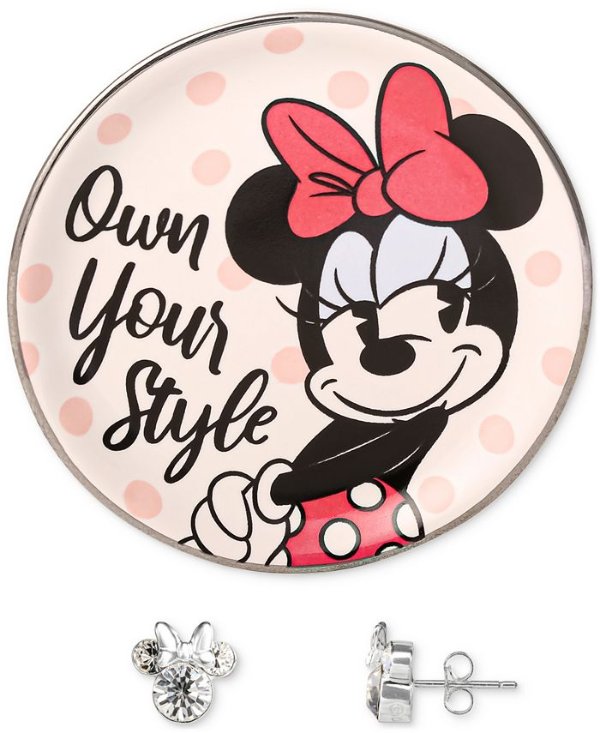 Disney  Minnie Mouse Crystal Stud Earrings in Sterling Silver & "Own Your Style" Bonus Trinket Dish