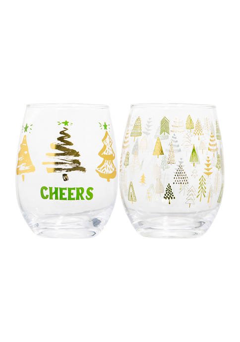 Home Essentials Set of 2 Stemless Wine Glasses - Christmas Trees and Cheers | belk