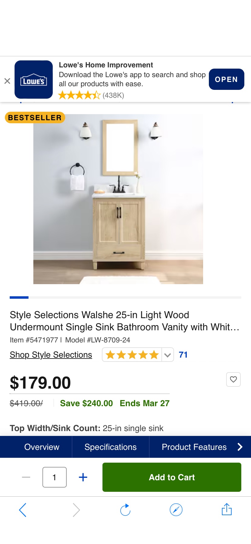 Style Selections Walshe 25-in Light Wood Undermount Single Sink Bathroom Vanity with White Engineered Stone Top (Mirror Included) in the Bathroom Vanities with Tops department at Lowes.com
