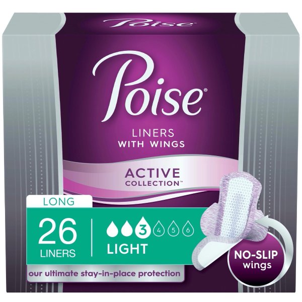 Poise Ultra Thin Incontinence Panty Liners with Wings, Active Collection, Light Absorbency, Long, 26 Count - Walmart.com - Walmart.com
